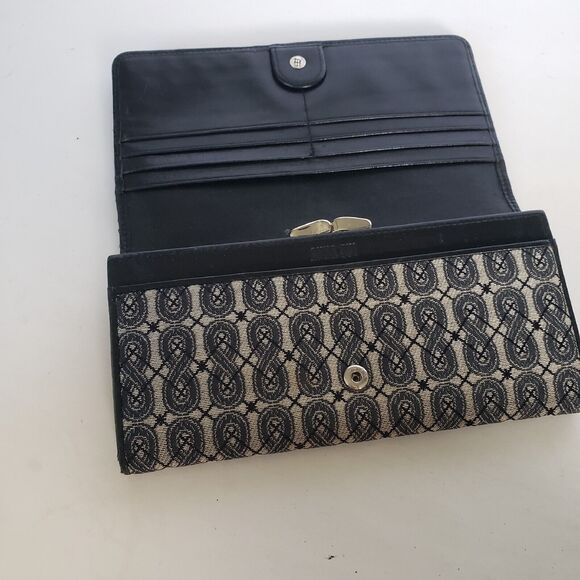 Anna Sui Wallet Clutch Gray Black Envelope Leather Canvas Boho Geometric Large - Picture 4 of 12